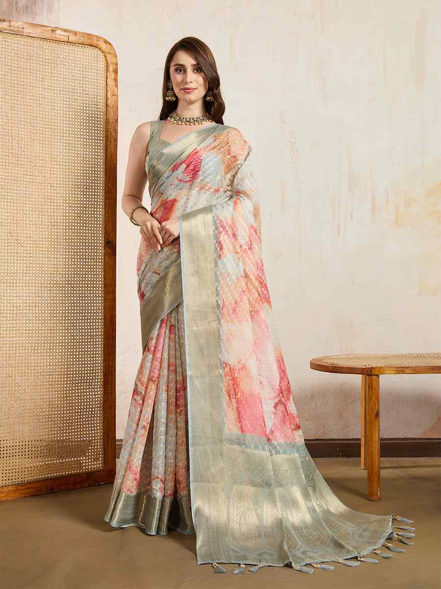 Cream Viscose Printed Handwoven Festival Wedding Fancy Heavy Border Saree