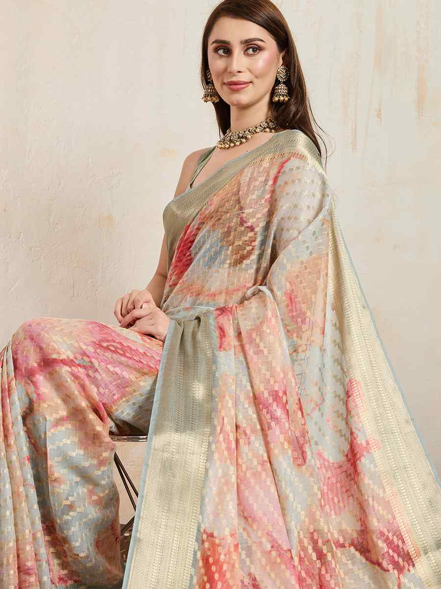 Cream Viscose Printed Handwoven Festival Wedding Fancy Heavy Border Saree