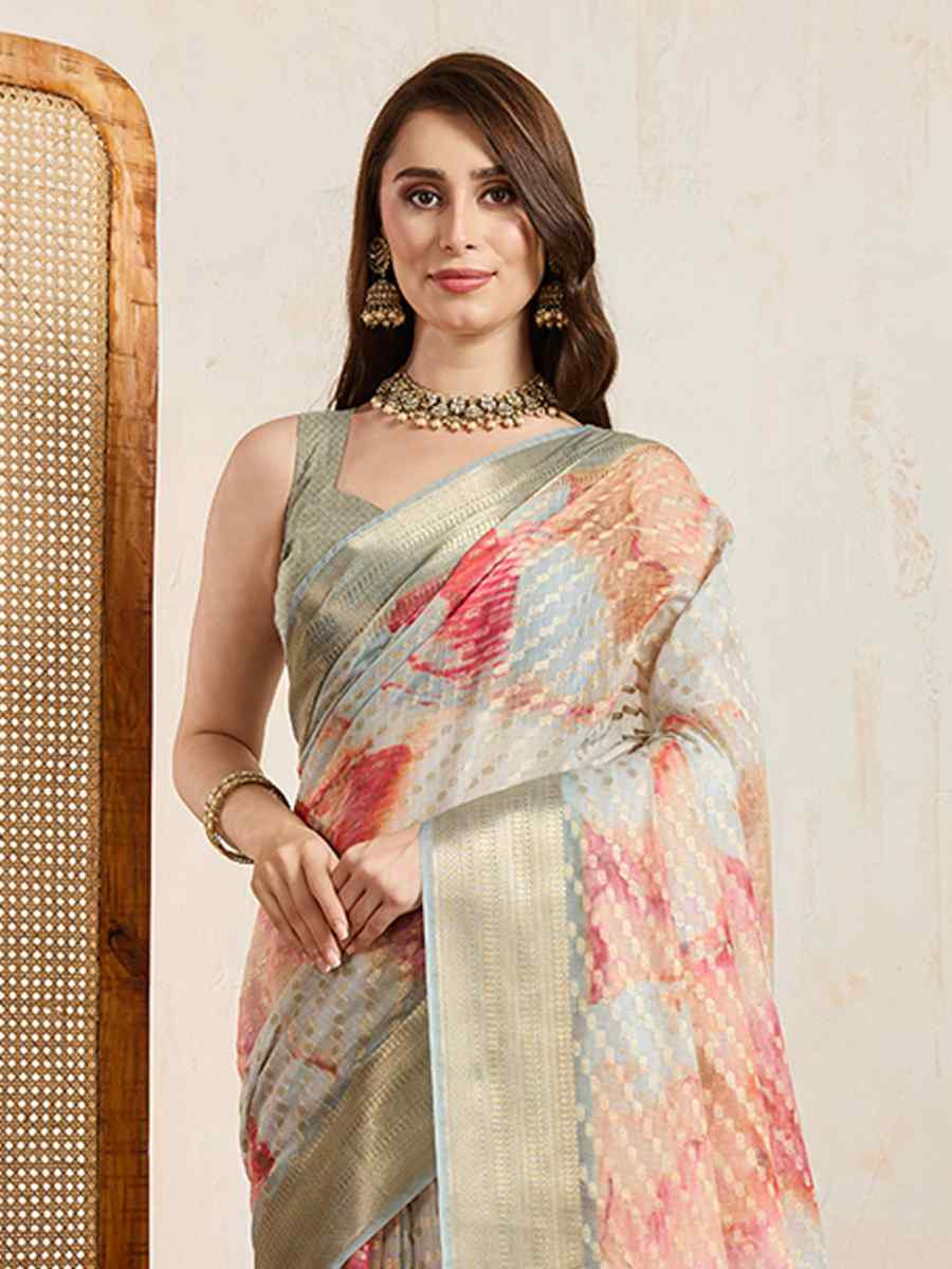 Cream Viscose Printed Handwoven Festival Wedding Fancy Heavy Border Saree
