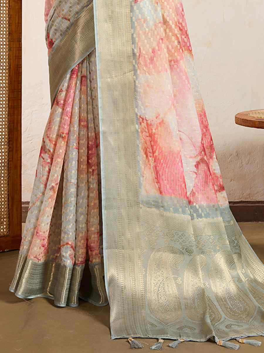 Cream Viscose Printed Handwoven Festival Wedding Fancy Heavy Border Saree