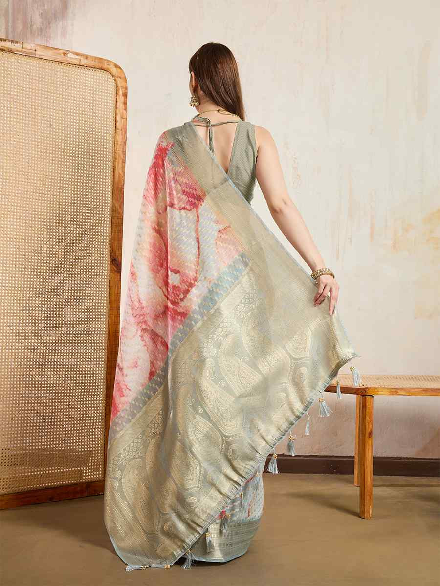 Cream Viscose Printed Handwoven Festival Wedding Fancy Heavy Border Saree