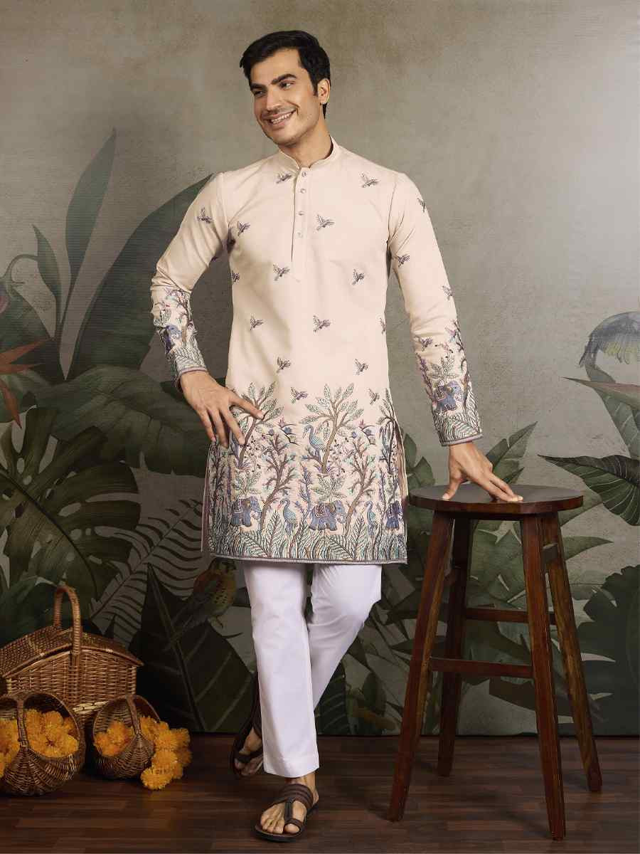 Cream Viscose Silk Embroidery And Printed Festival Wedding Party Mens Kurta