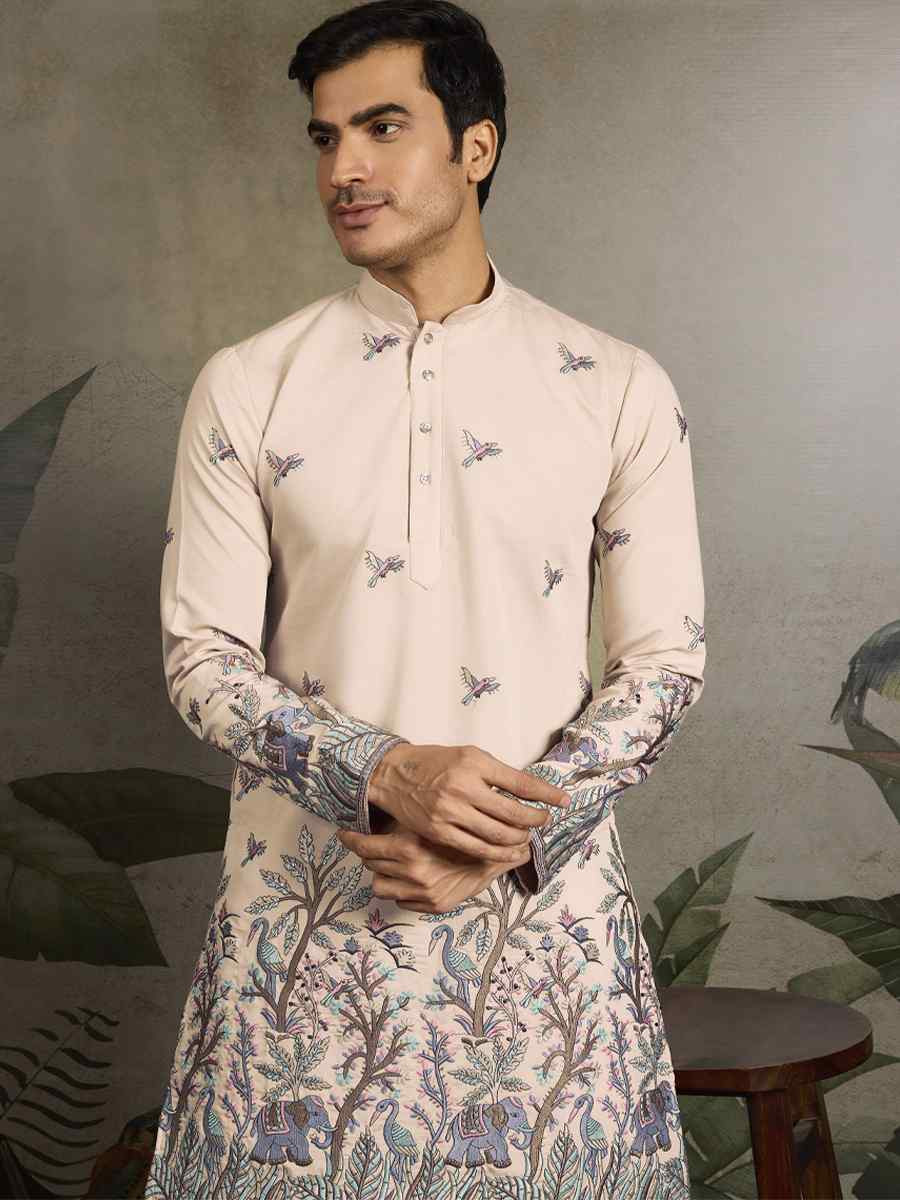 Cream Viscose Silk Embroidery And Printed Festival Wedding Party Mens Kurta