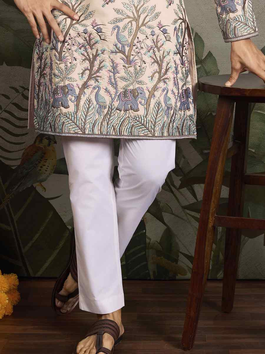 Cream Viscose Silk Embroidery And Printed Festival Wedding Party Mens Kurta