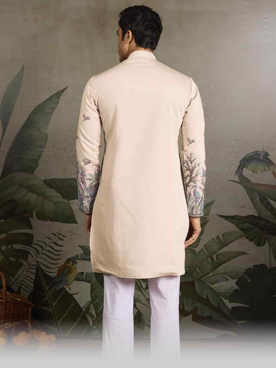 Cream Viscose Silk Embroidery And Printed Festival Wedding Party Mens Kurta