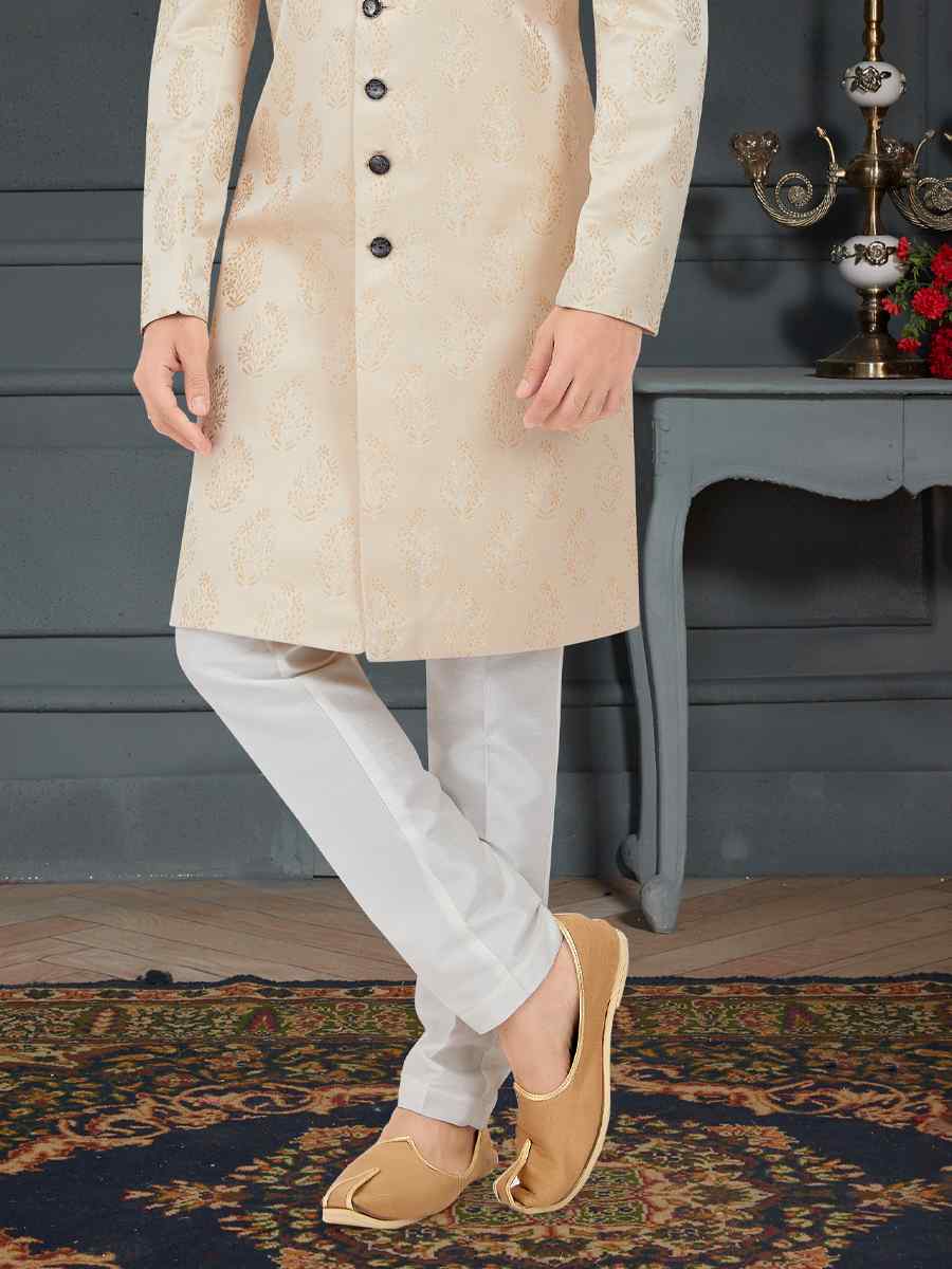 Cream Weaving Jecquard Woven Festival Party Sherwani