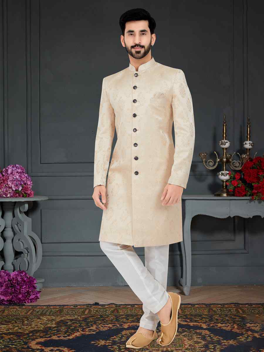 Cream Weaving Jecquard Woven Festival Party Sherwani