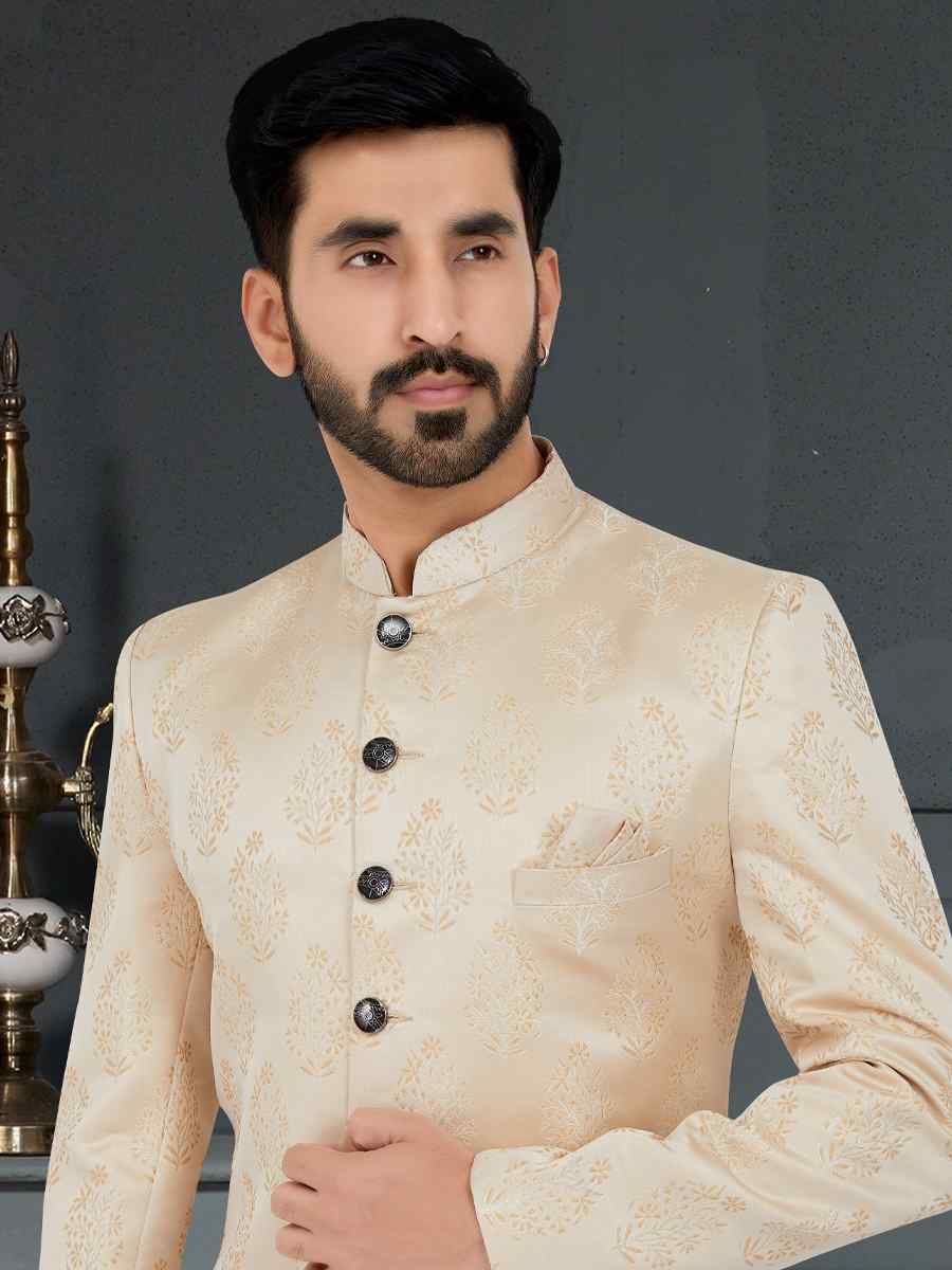 Cream Weaving Jecquard Woven Festival Party Sherwani