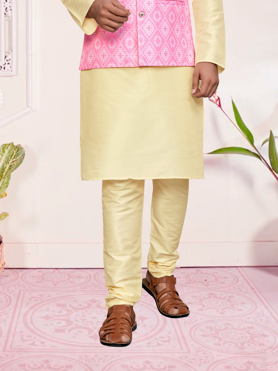 Cream Yellow Art Silk Festival Printed Kurta Set With Printed Jacket