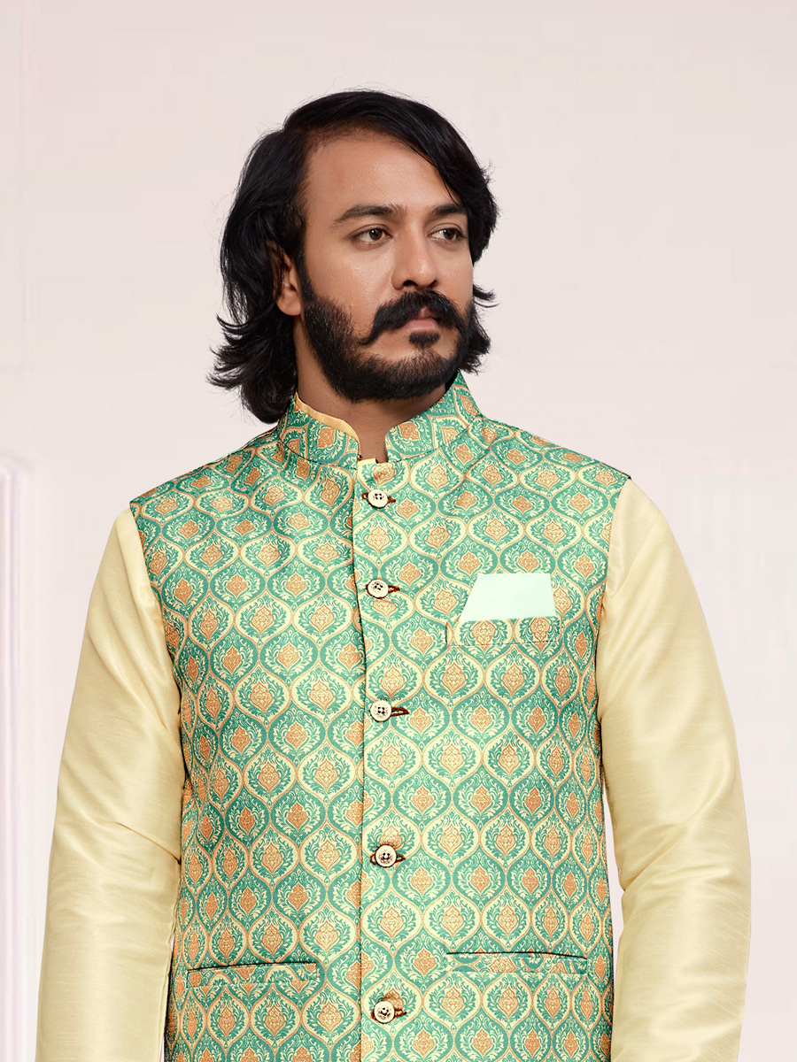 Cream Yellow Art Silk Festival Printed Kurta Set With Printed Jacket