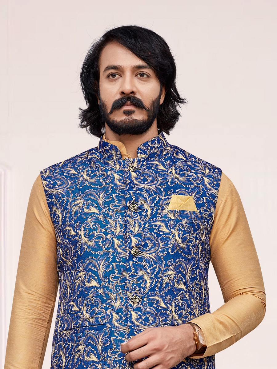 Cream Yellow Art Silk Festival Printed Kurta Set With Printed Jacket