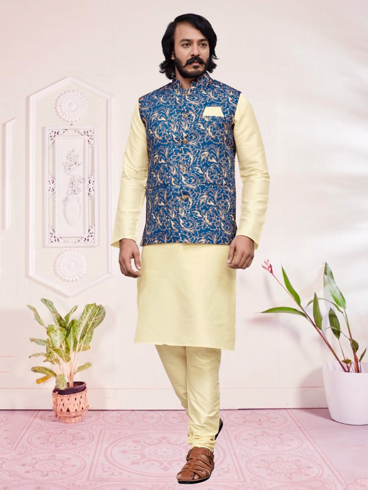 Cream Yellow Art Silk Festival Printed Kurta Set With Printed Jacket