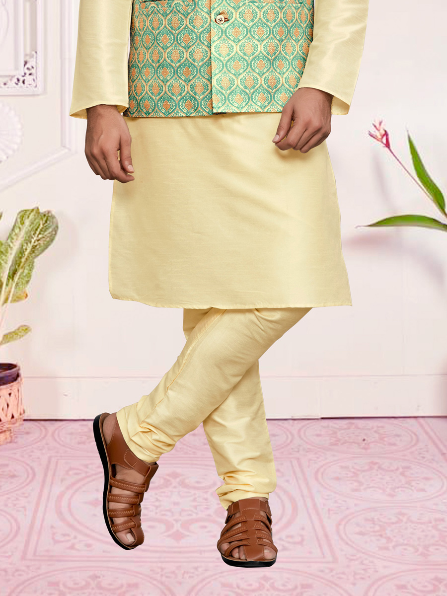 Cream Yellow Art Silk Festival Printed Kurta Set With Printed Jacket