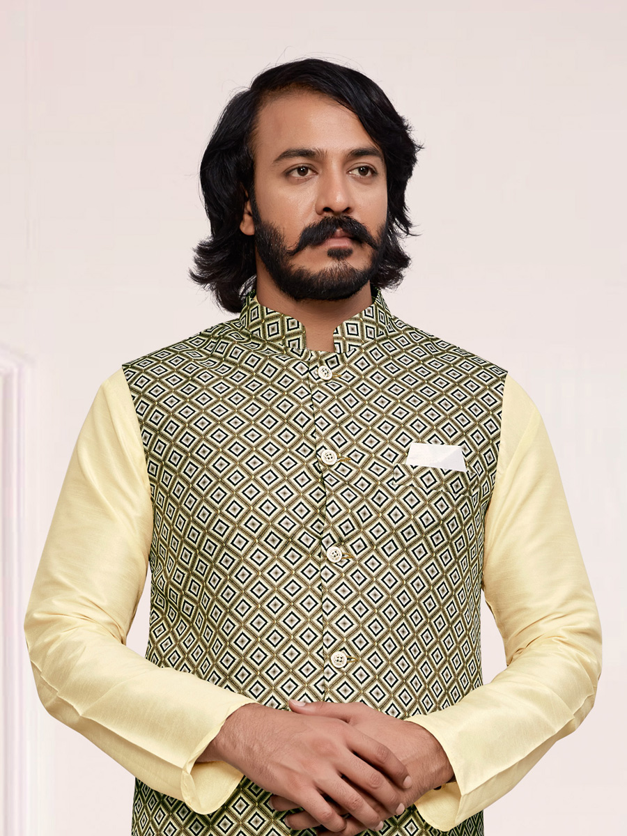 Cream Yellow Art Silk Festival Printed Kurta Set With Printed Jacket