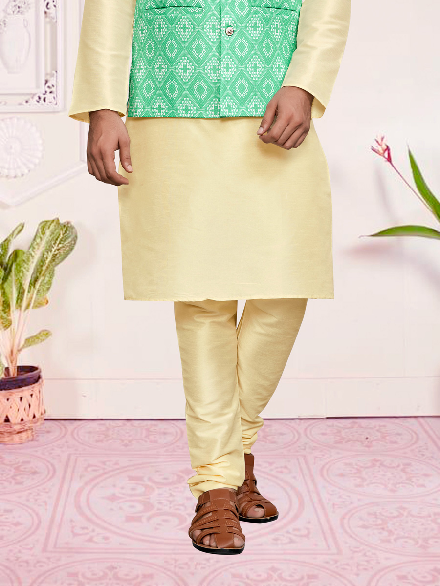 Cream Yellow Art Silk Festival Printed Kurta Set With Printed Jacket
