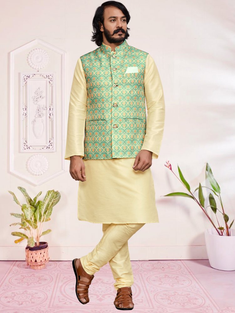 Cream Yellow Art Silk Festival Printed Kurta Set With Printed Jacket