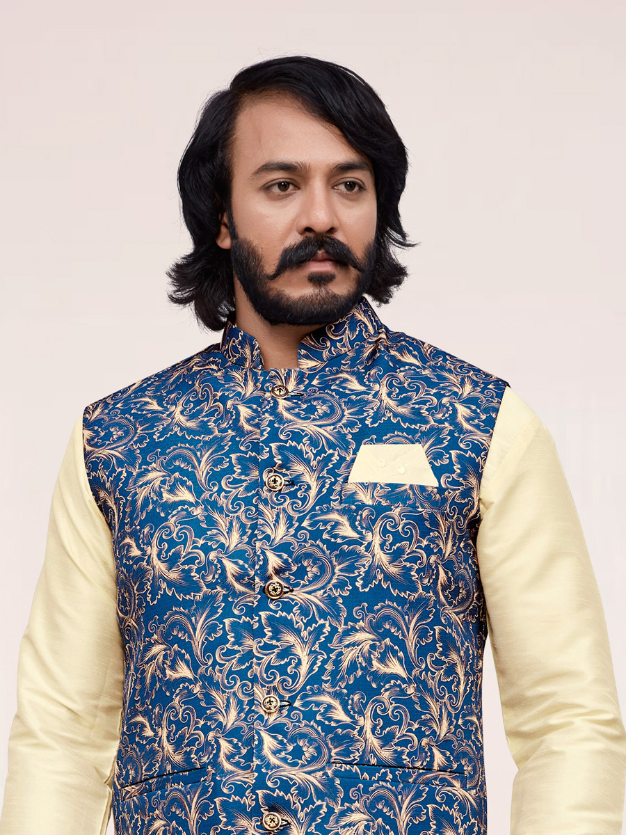 Cream Yellow Art Silk Festival Printed Kurta Set With Printed Jacket