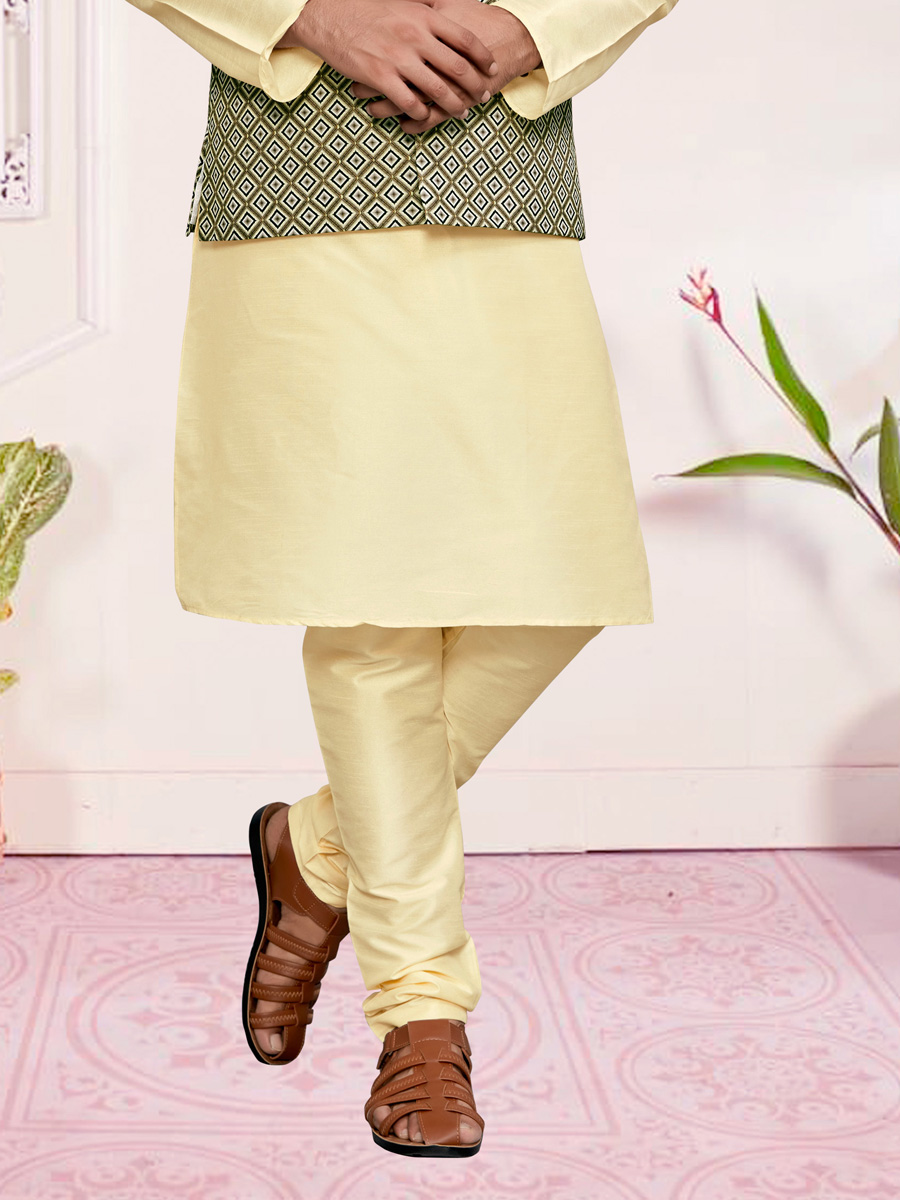 Cream Yellow Art Silk Festival Printed Kurta Set With Printed Jacket