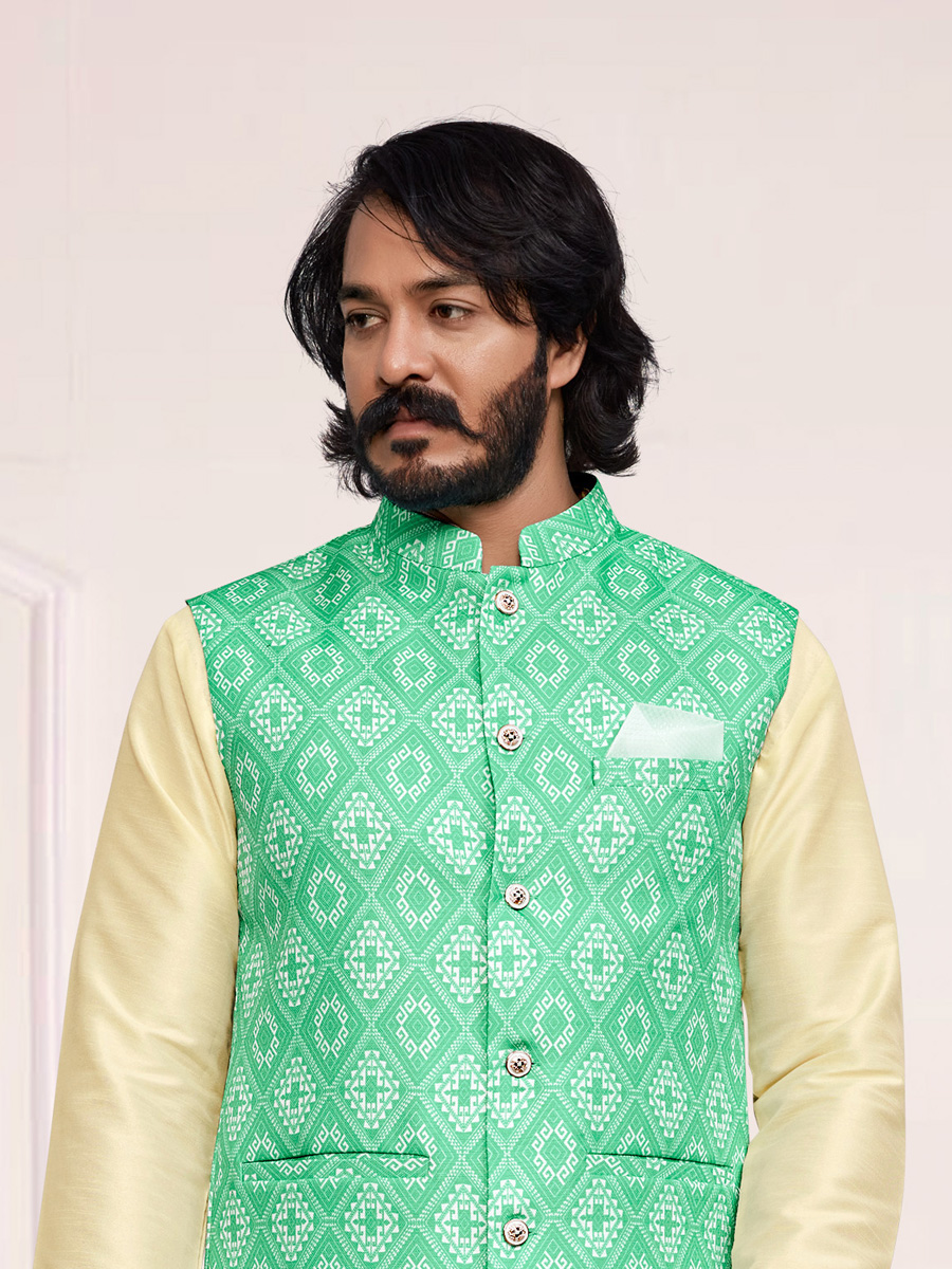 Cream Yellow Art Silk Festival Printed Kurta Set With Printed Jacket