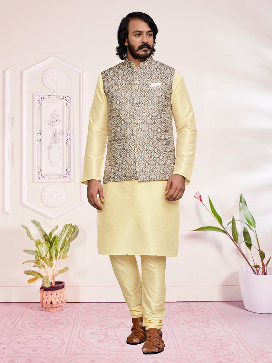 Cream Yellow Art Silk Festival Printed Kurta Set With Printed Jacket