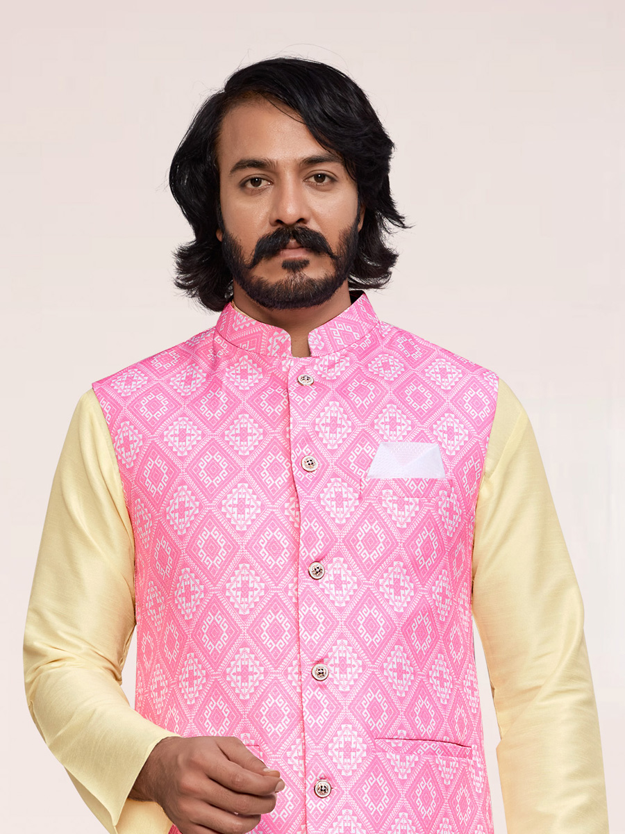 Cream Yellow Art Silk Festival Printed Kurta Set With Printed Jacket