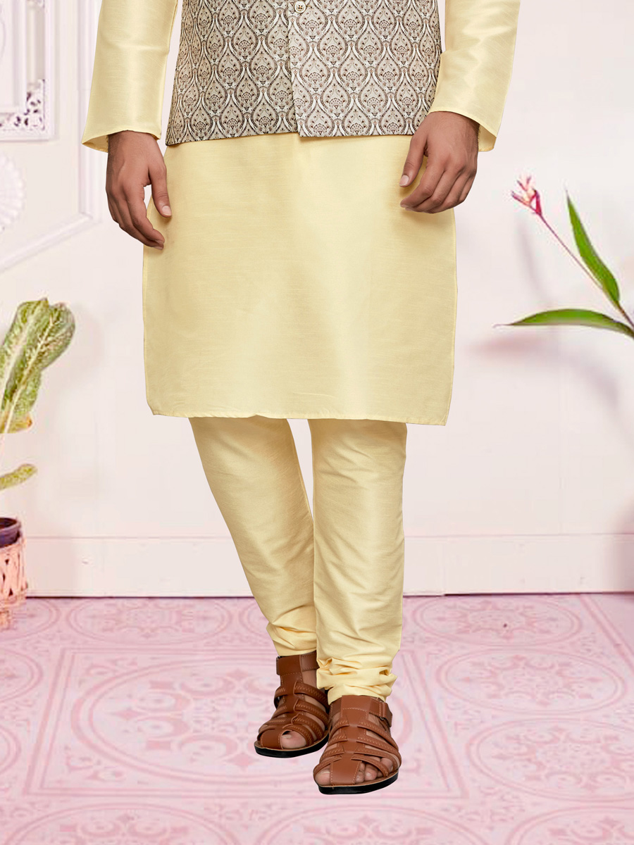 Cream Yellow Art Silk Festival Printed Kurta Set With Printed Jacket