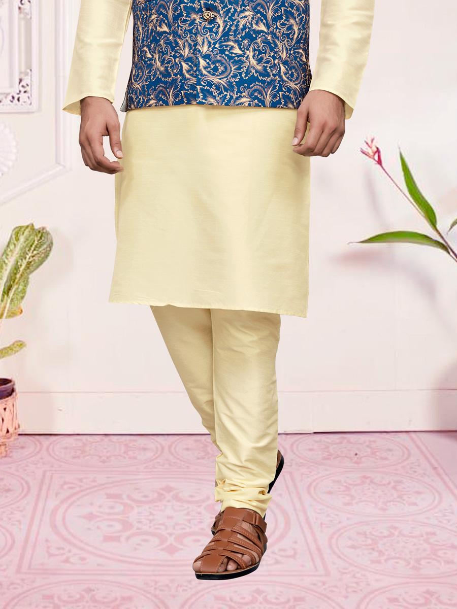 Cream Yellow Art Silk Festival Printed Kurta Set With Printed Jacket