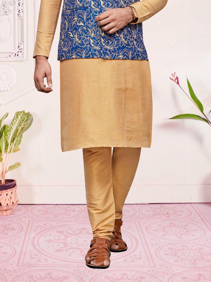 Cream Yellow Art Silk Festival Printed Kurta Set With Printed Jacket