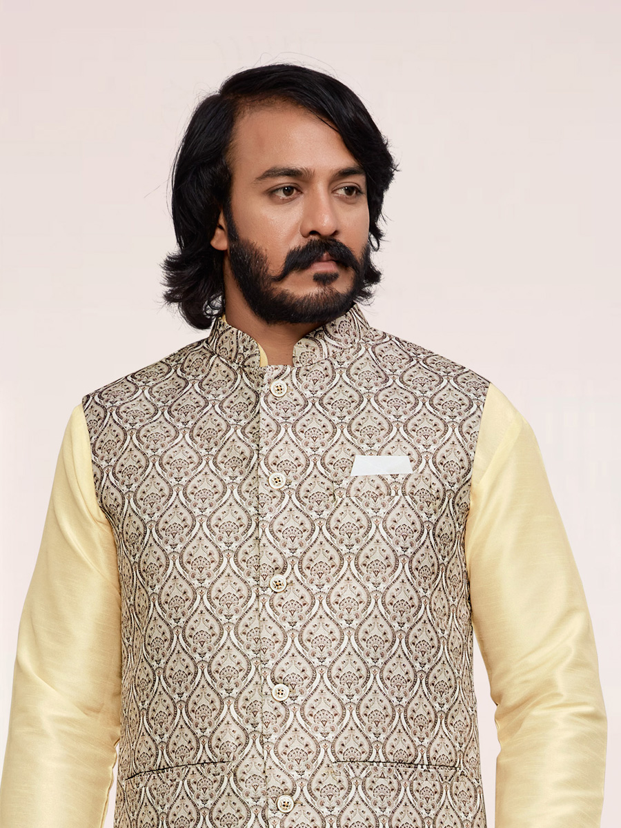 Cream Yellow Art Silk Festival Printed Kurta Set With Printed Jacket