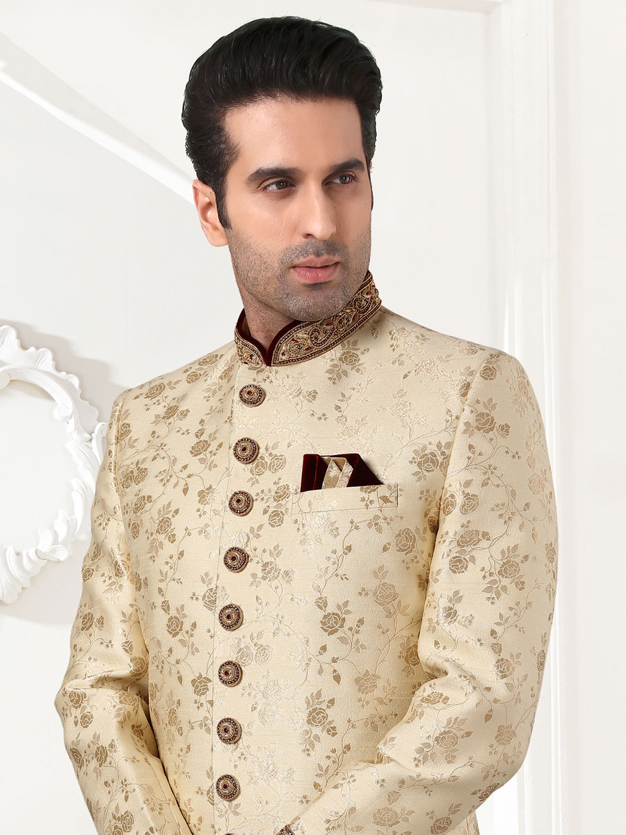 Cream Yellow Banarasi Brocade Embroidered Festival Sherwani