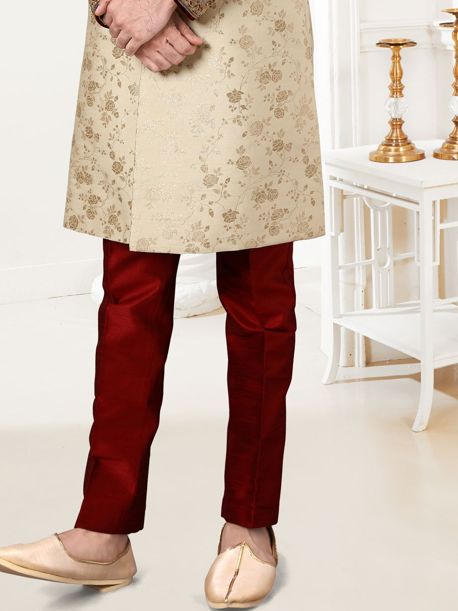 Cream Yellow Banarasi Brocade Embroidered Festival Sherwani