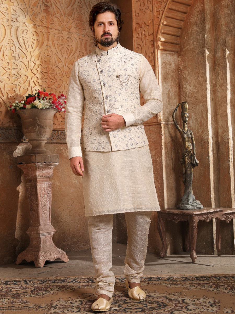 Cream Yellow Banarasi Silk Wedding And Festival Plain Kurta with Waistcoat