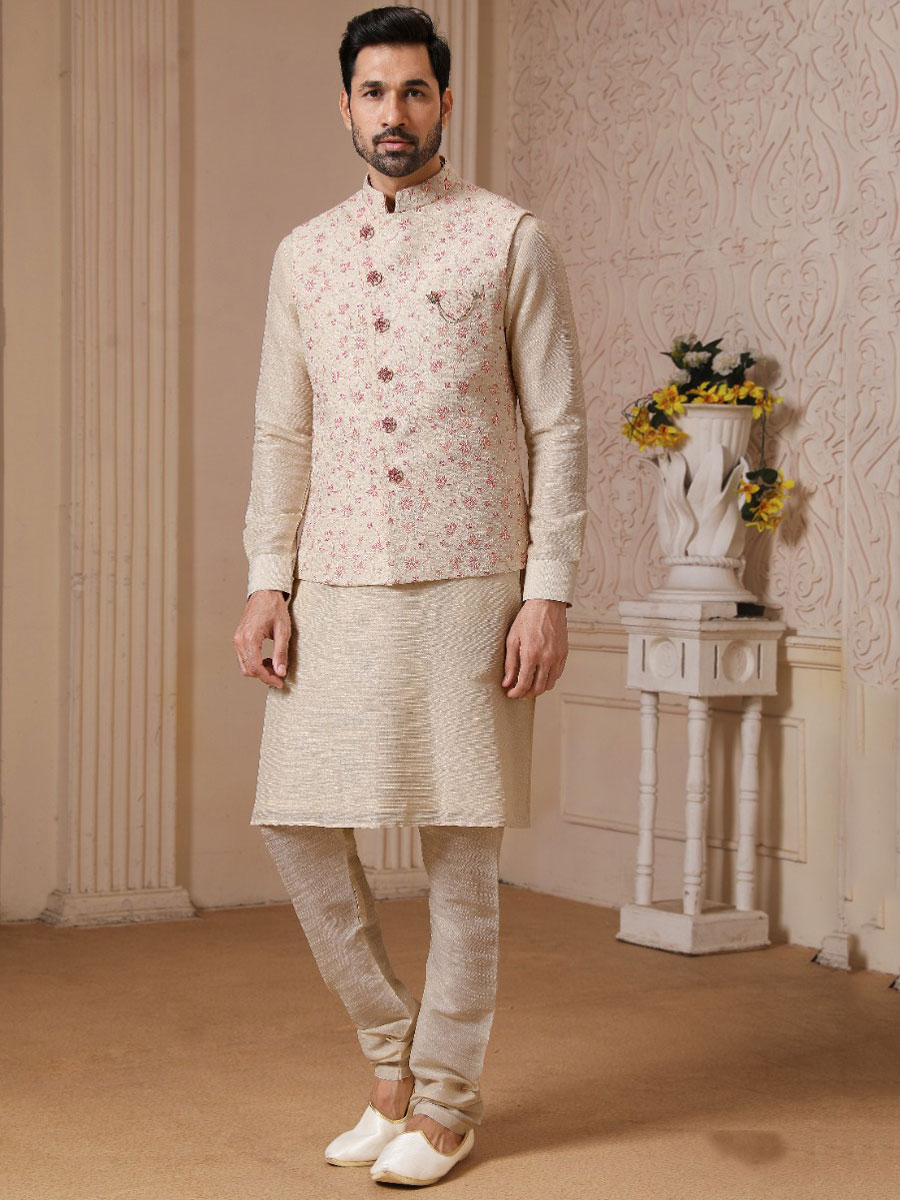 Cream Yellow Banarasi Silk Wedding And Festival Plain Kurta with Waistcoat
