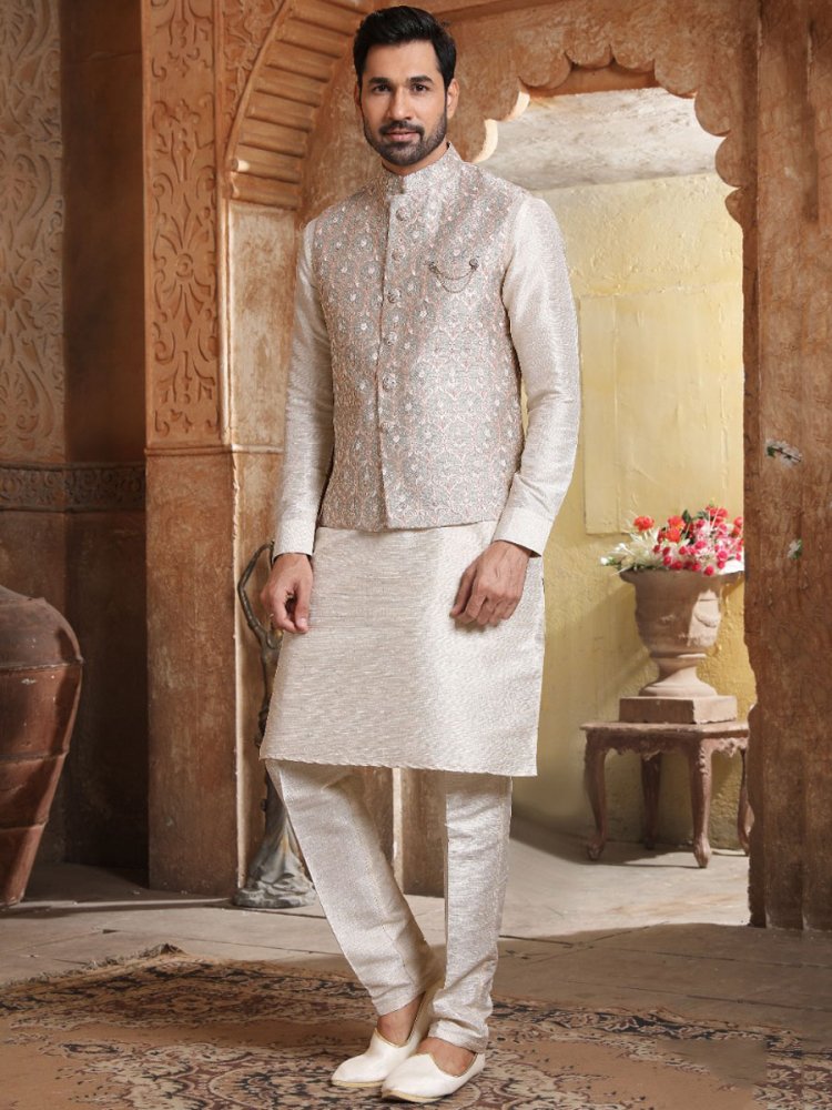 Cream Yellow Banarasi Silk Wedding And Festival Plain Kurta with Waistcoat