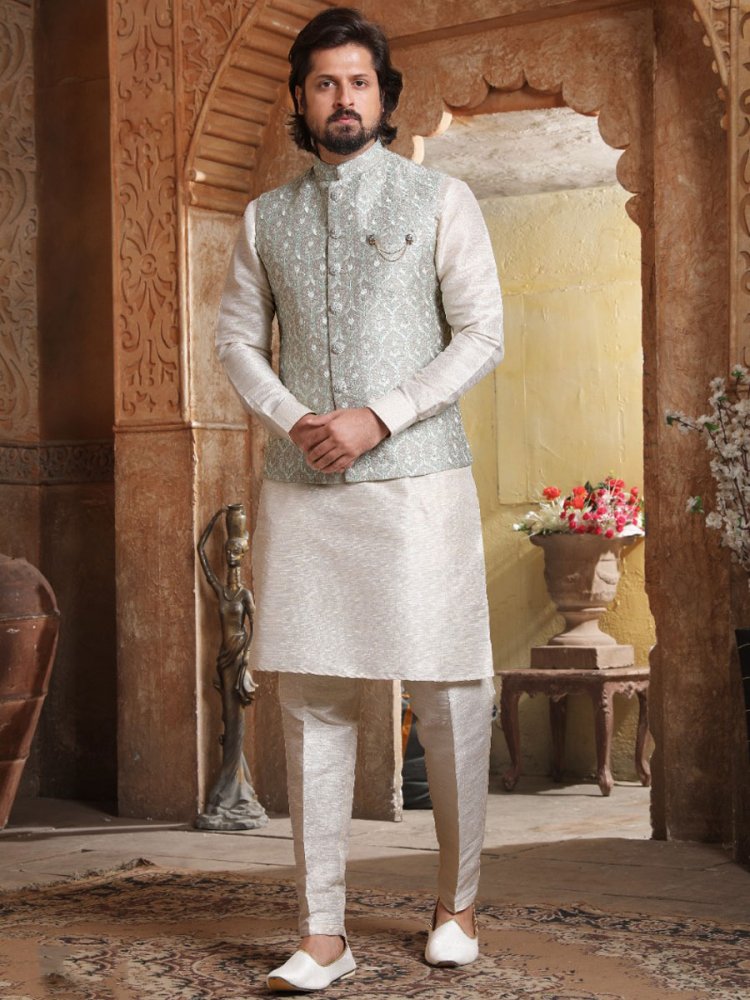 Cream Yellow Banarasi Silk Wedding And Festival Plain Kurta with Waistcoat