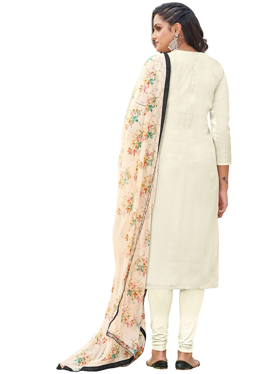 Cream Yellow Chanderi Cotton Embroidered Party Churidar Pant Kameez