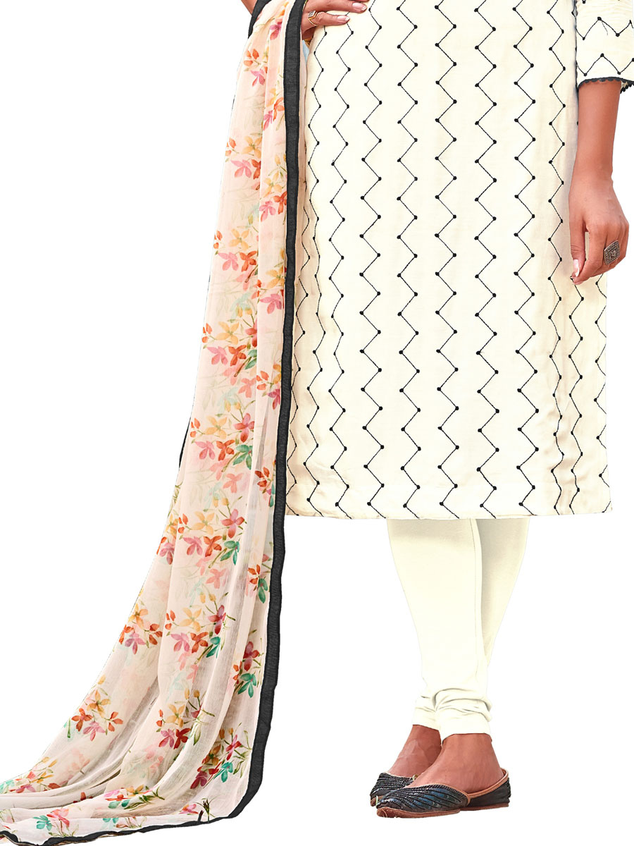 Cream Yellow Chanderi Cotton Embroidered Party Churidar Pant Kameez