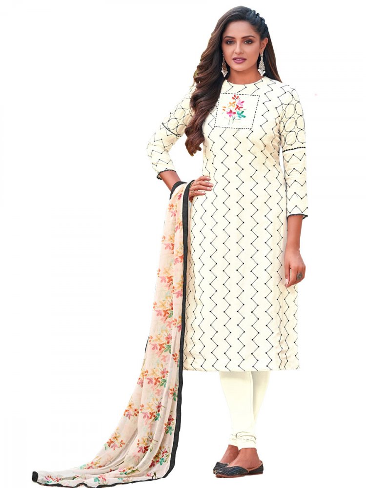 Cream Yellow Chanderi Cotton Embroidered Party Churidar Pant Kameez