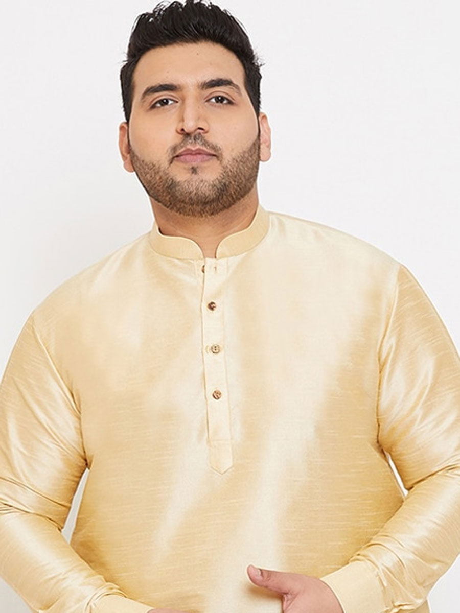Cream Yellow Dupion Silk Festival Plain Kurta