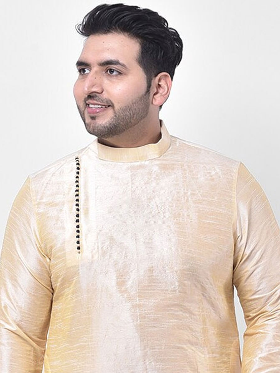Cream Yellow Dupion Silk Festival Plain Kurta