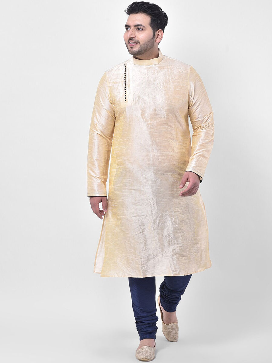 Cream Yellow Dupion Silk Festival Plain Kurta