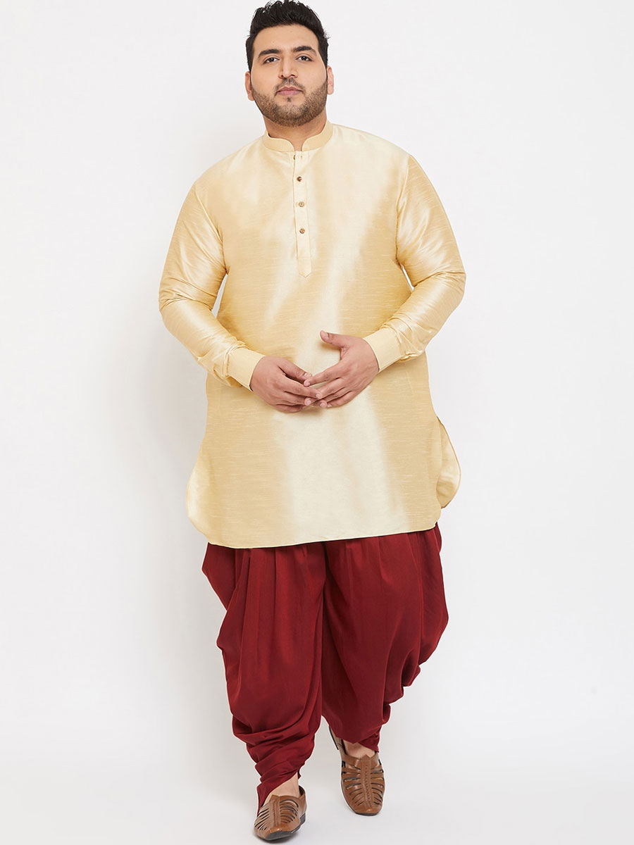 Cream Yellow Dupion Silk Festival Plain Kurta