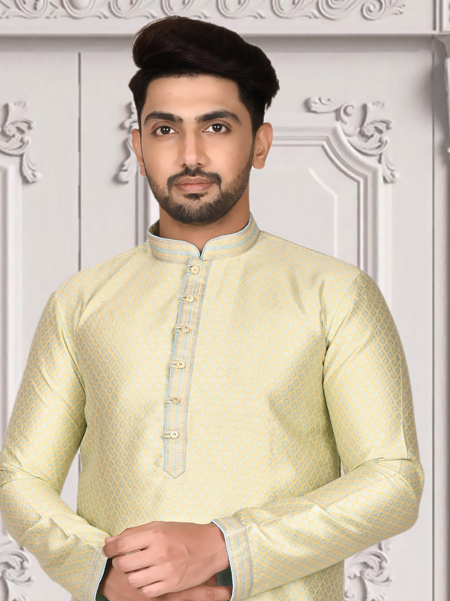 Cream Yellow Jacquard Embroidered Festival Kurta