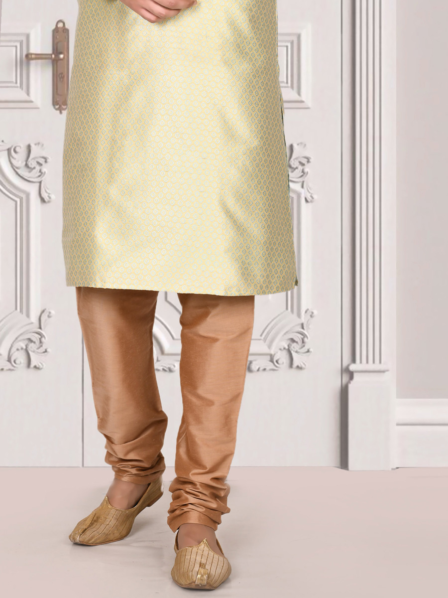 Cream Yellow Jacquard Embroidered Festival Kurta