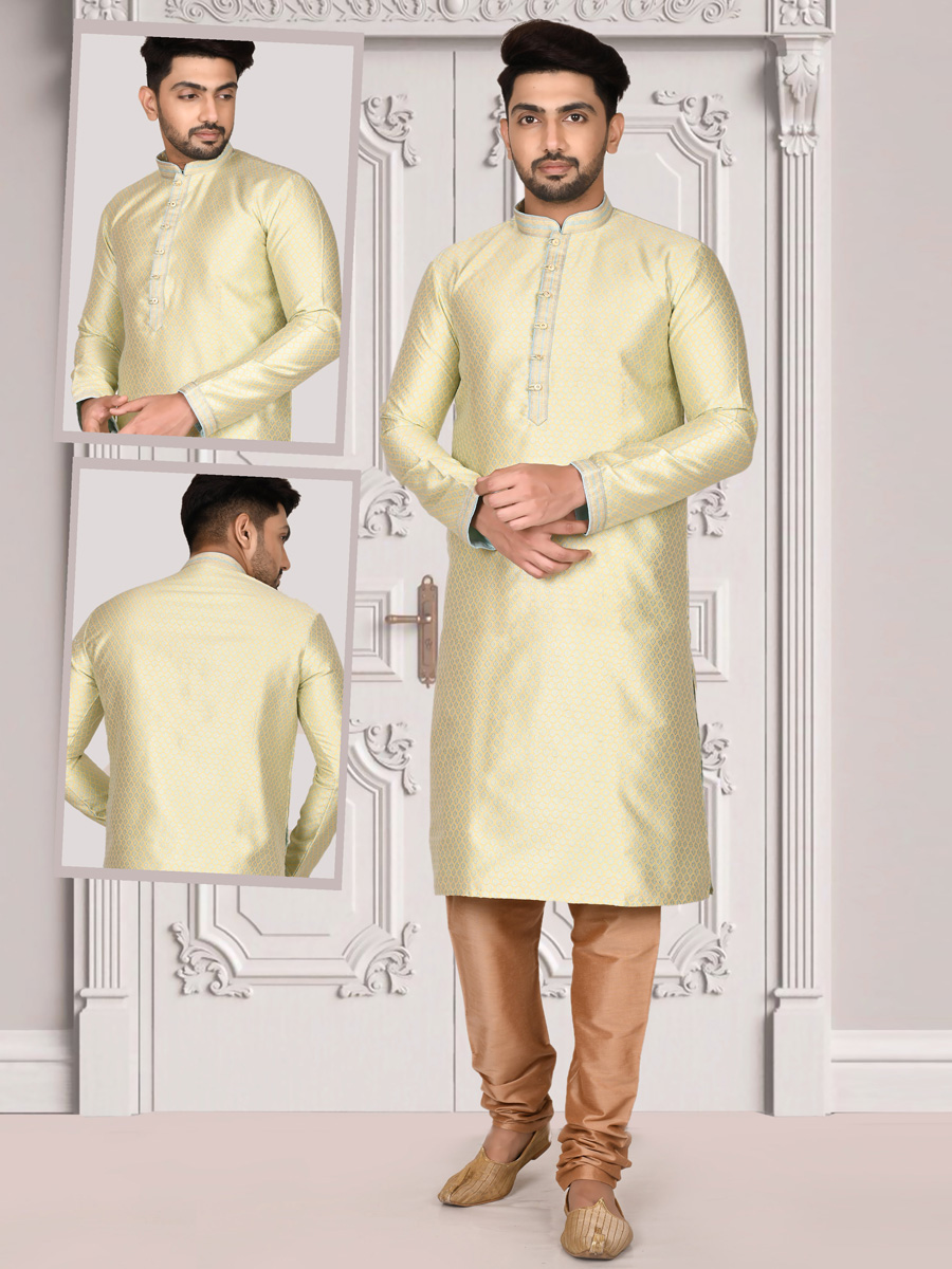 Cream Yellow Jacquard Embroidered Festival Kurta