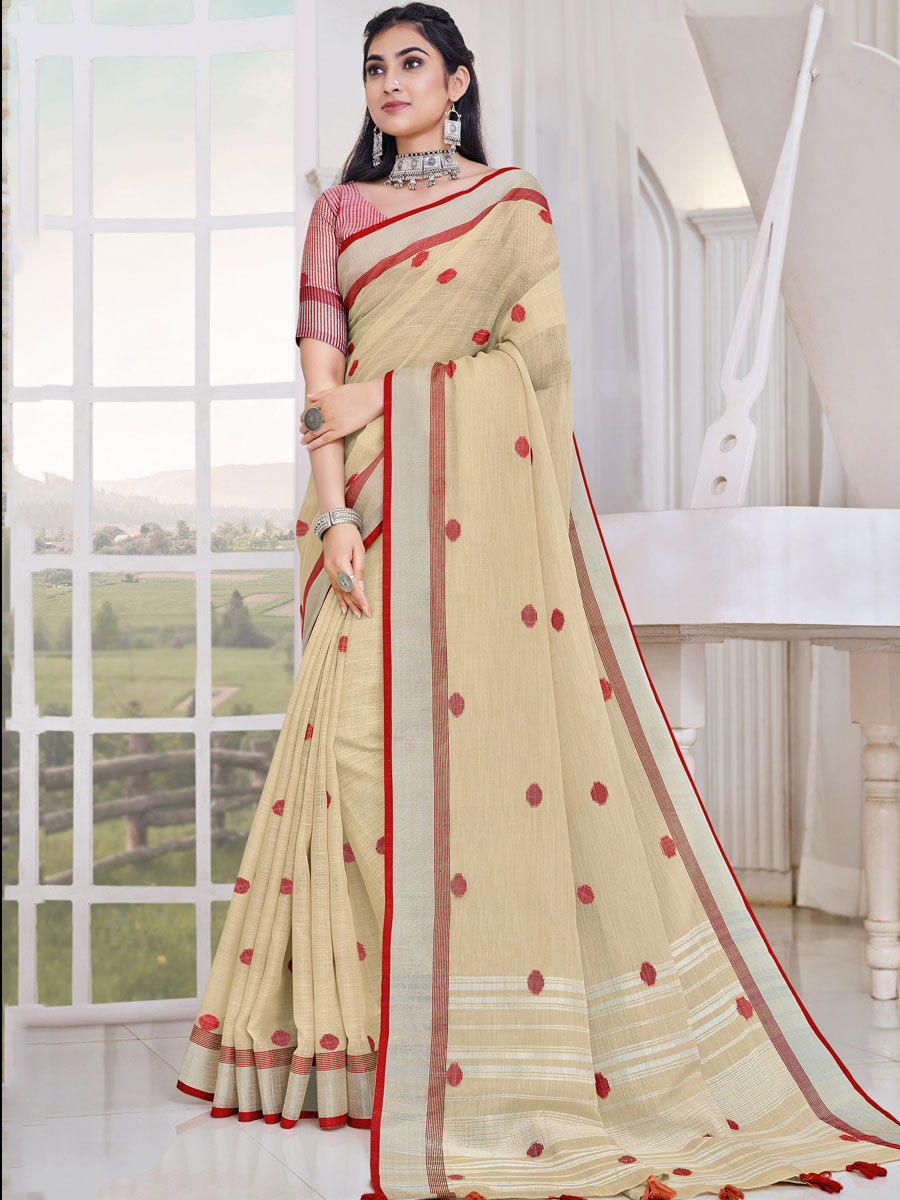 Cream Yellow Linen Handwoven Festival Saree
