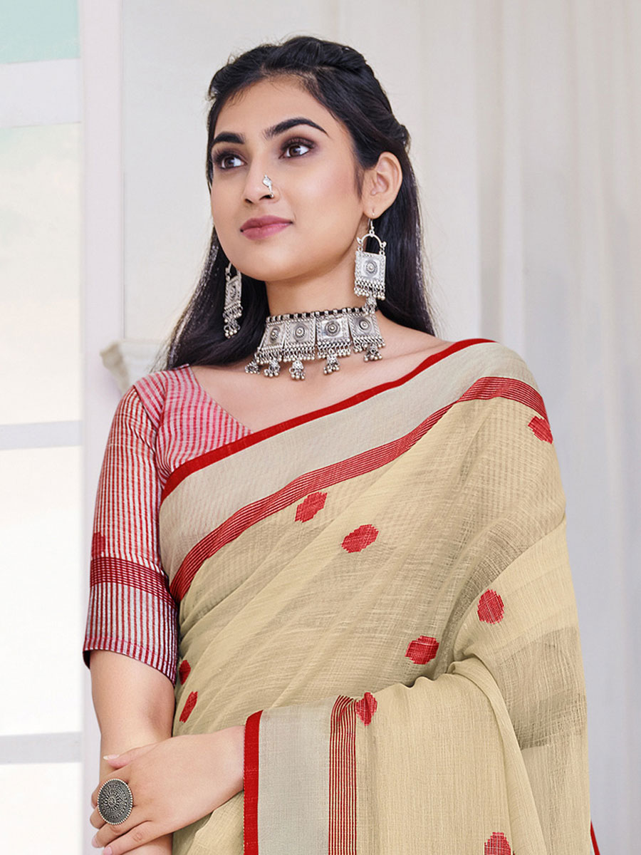 Cream Yellow Linen Handwoven Festival Saree