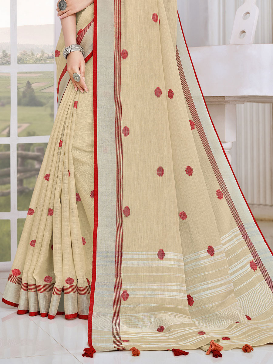 Cream Yellow Linen Handwoven Festival Saree