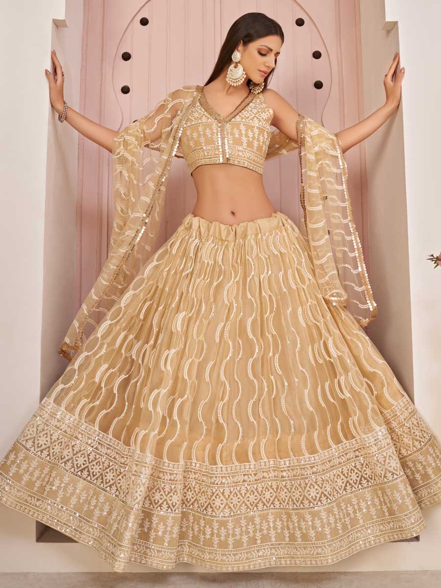 Cream Yellow Net Embroidered Party Lehenga Choli