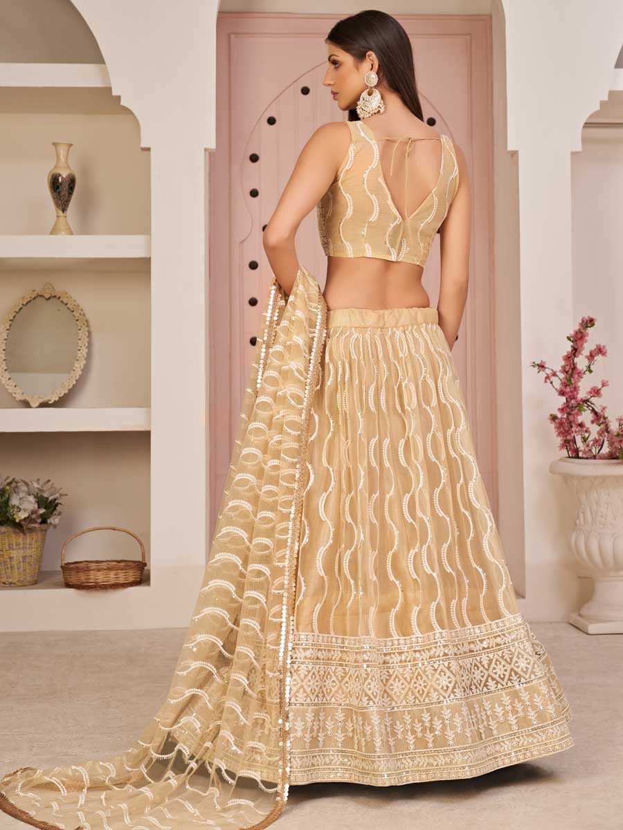 Cream Yellow Net Embroidered Party Lehenga Choli